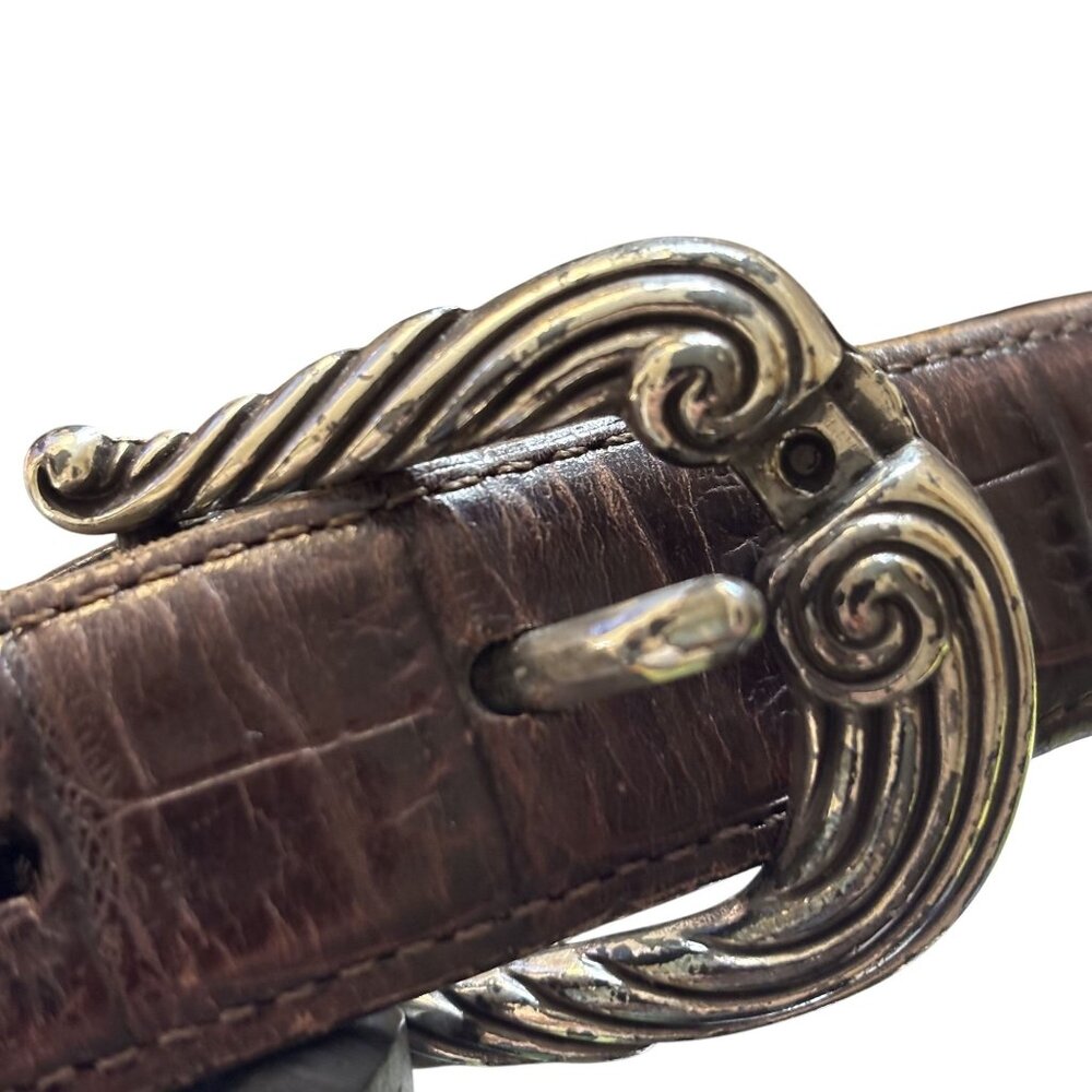 Vintage Brighton Brown Croc-Embossed Leather Belt With Ornate Silver Buckle  Men - Picture 3 of 12